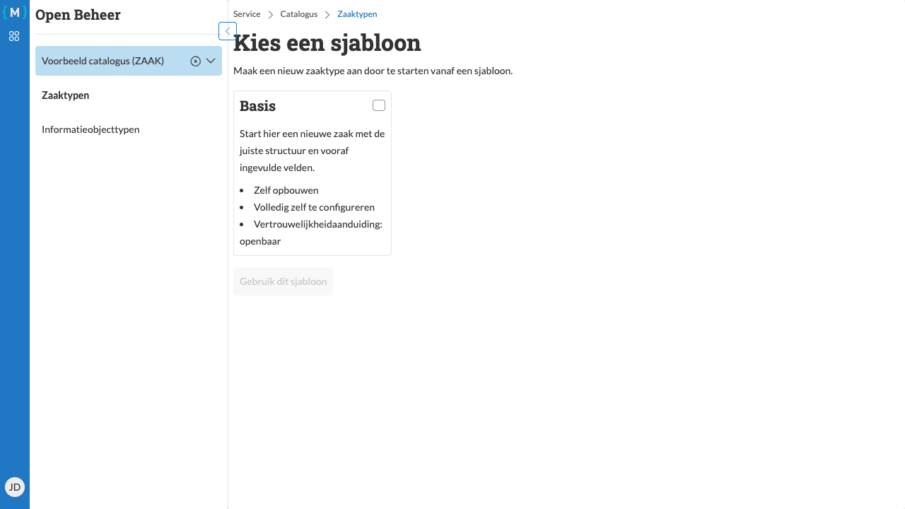Nieuw zaaktype aanmaken met sjabloon selectie